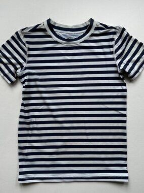 Navy blue and white striped short sleeve Primary youth rash guard
